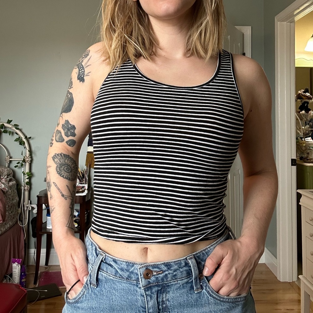 SO Black and White Striped Scoop Neck Tank